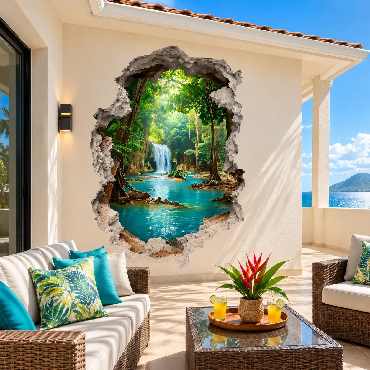 Terrasse avec trompe-l'œil mural ouvrant sur une cascade tropicale