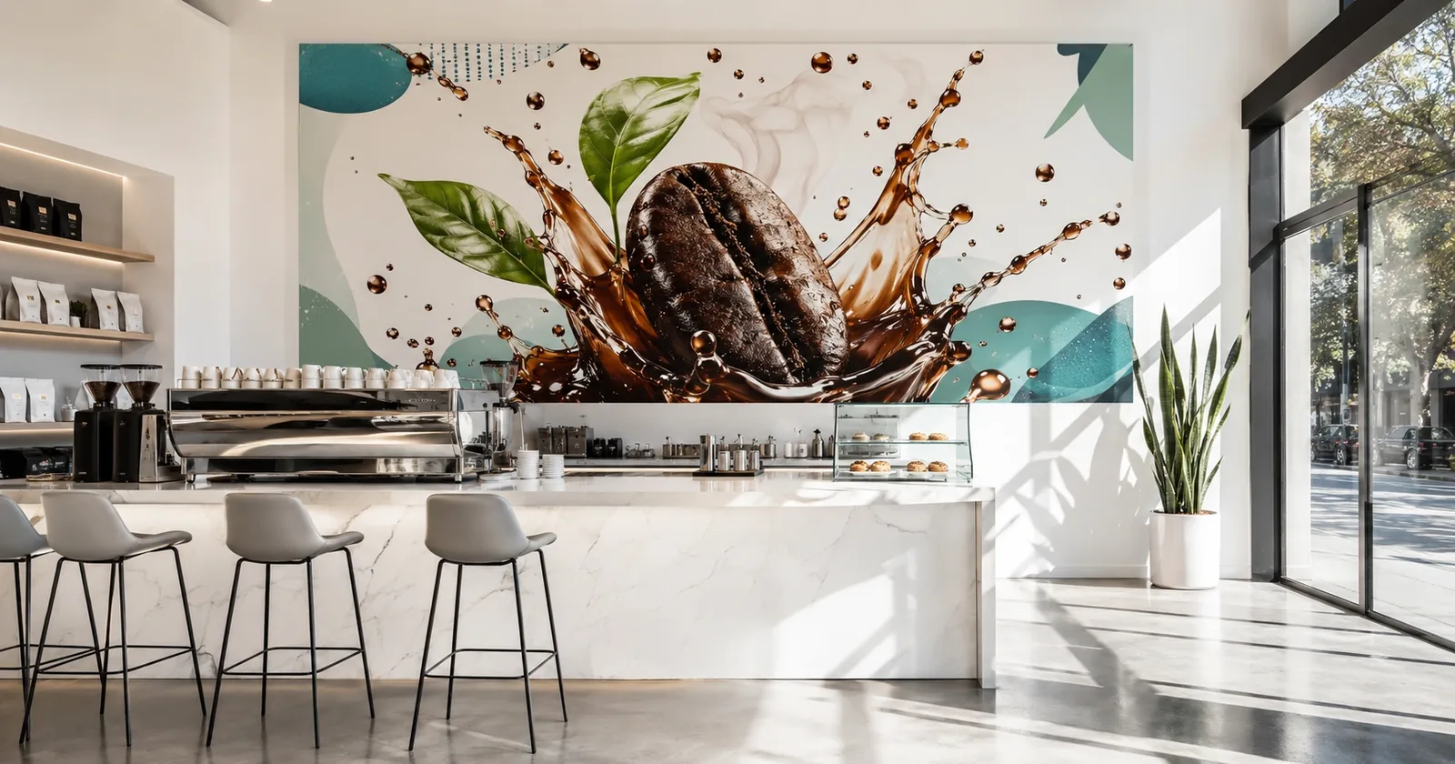 Coffee shop lumineux avec mur imprimé géant autour du café