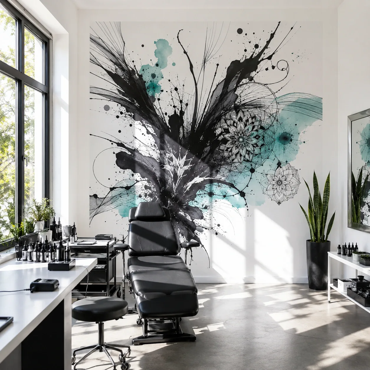 Studio créatif avec mur imprimé abstrait noir et bleu